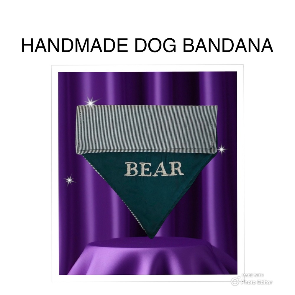 HANDMADE DOG BANDANA PERSONALIZED EMBROIDERED BEAR REVERSIBLE SLIP ON COLLAR